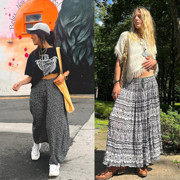 Vintage Access witchy gauzy crinkle black and white flowy broomstick midi skirt - Picture 4 of 5